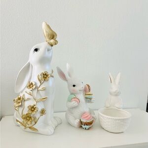 White & Gold Ceramic Bunny Figurine Set